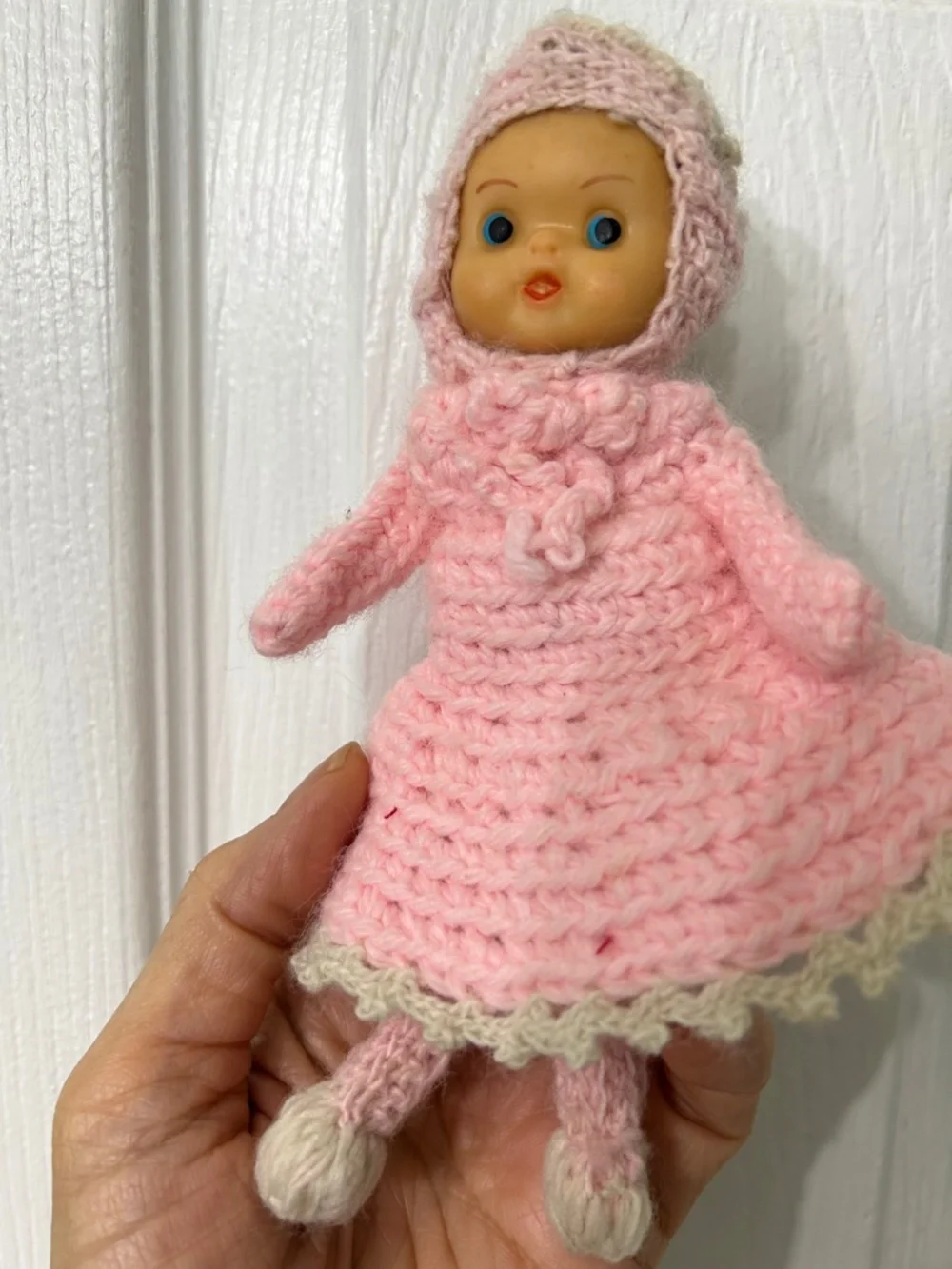 VTG Handmade Kewpie Blue Eyed Baby Doll Soft Vinyl Face Pink Crochet Kawaii 7